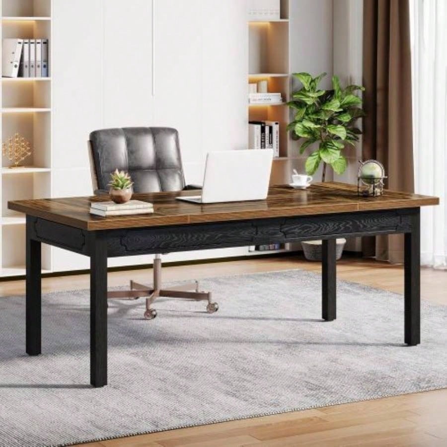 63 Executive Office Desk - Rustic Industrial Computer Table with Thick Wood Top, Large Writing Desk with Metal Frame Back Splash Home Office, Workstation, or Study - Rustic Brown Black