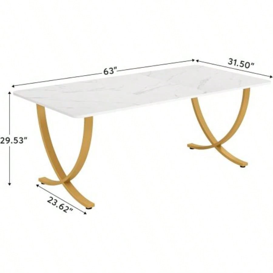 63 Executive Office Desk - Modern White Gold Computer Desk with Faux Marble Tabletop, Large Conference Table Home Office or Meeting Room