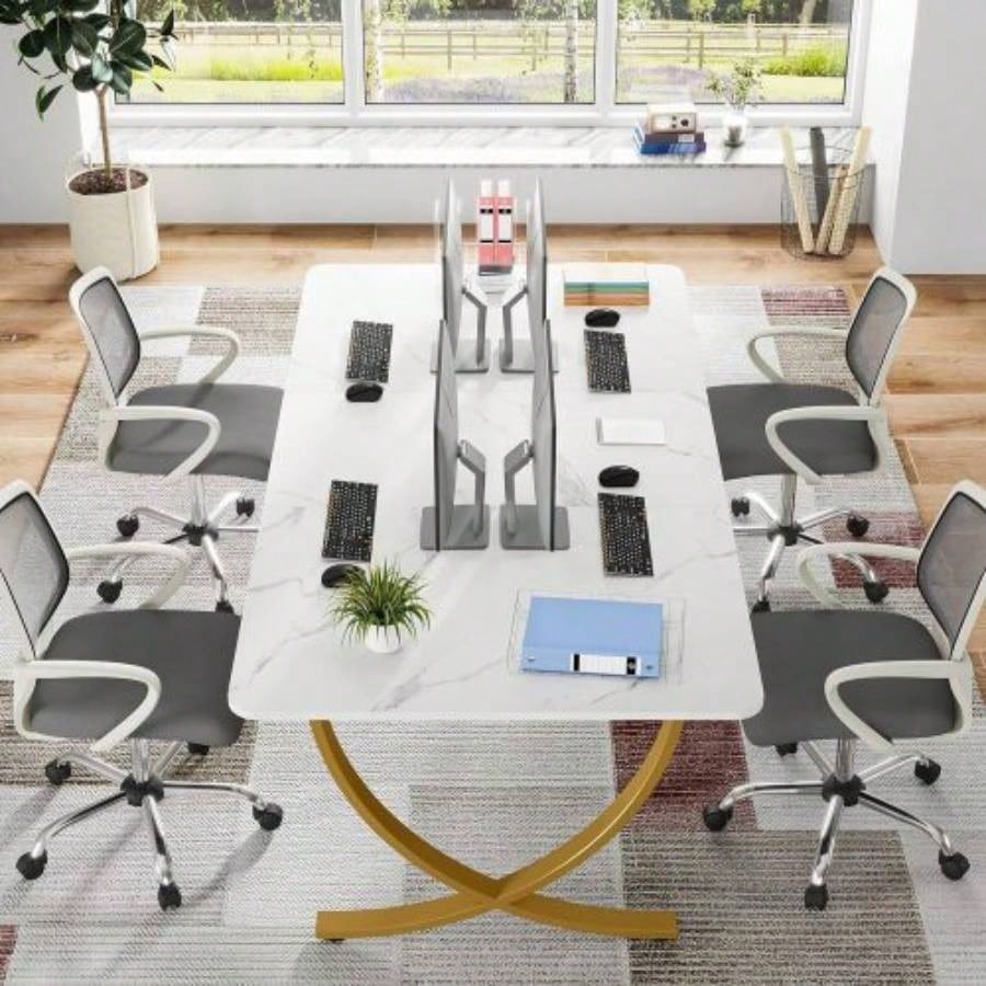 63 Executive Office Desk - Modern White Gold Computer Desk with Faux Marble Tabletop, Large Conference Table Home Office or Meeting Room