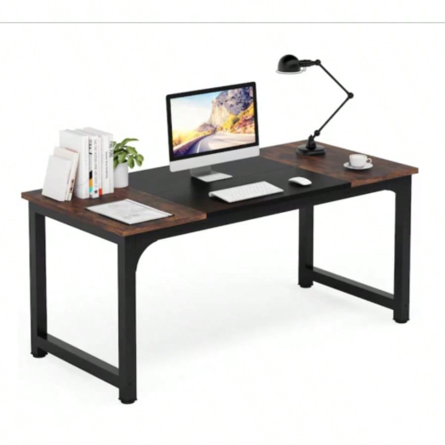 63 Executive Desk, Large Modern Office Computer Workstation with Thick Metal Frame, Business Furniture Home Office, Rustic Brown Black