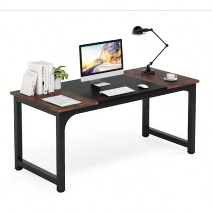 63 Executive Desk, Large Modern Office Computer Workstation with Thick Metal Frame, Business Furniture Home Office, Rustic Brown Black