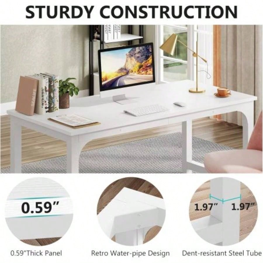 63 Executive Desk, Large Modern Office Computer Workstation with Thick Metal Frame, Business Furniture Home Office, White
