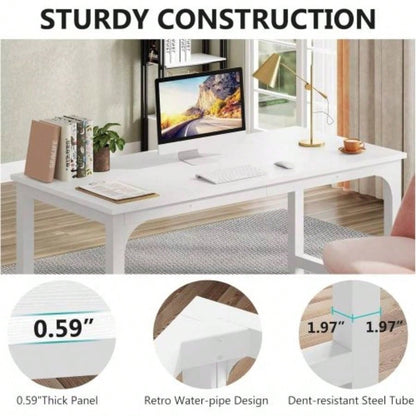 63 Executive Desk, Large Modern Office Computer Workstation with Thick Metal Frame, Business Furniture Home Office, White