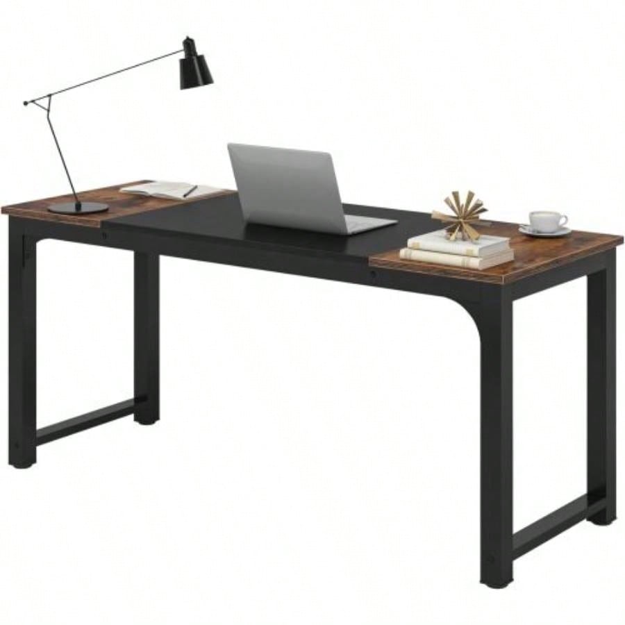 63 Executive Desk, Large Modern Office Computer Workstation with Thick Metal Frame, Business Furniture Home Office, Rustic Brown Black