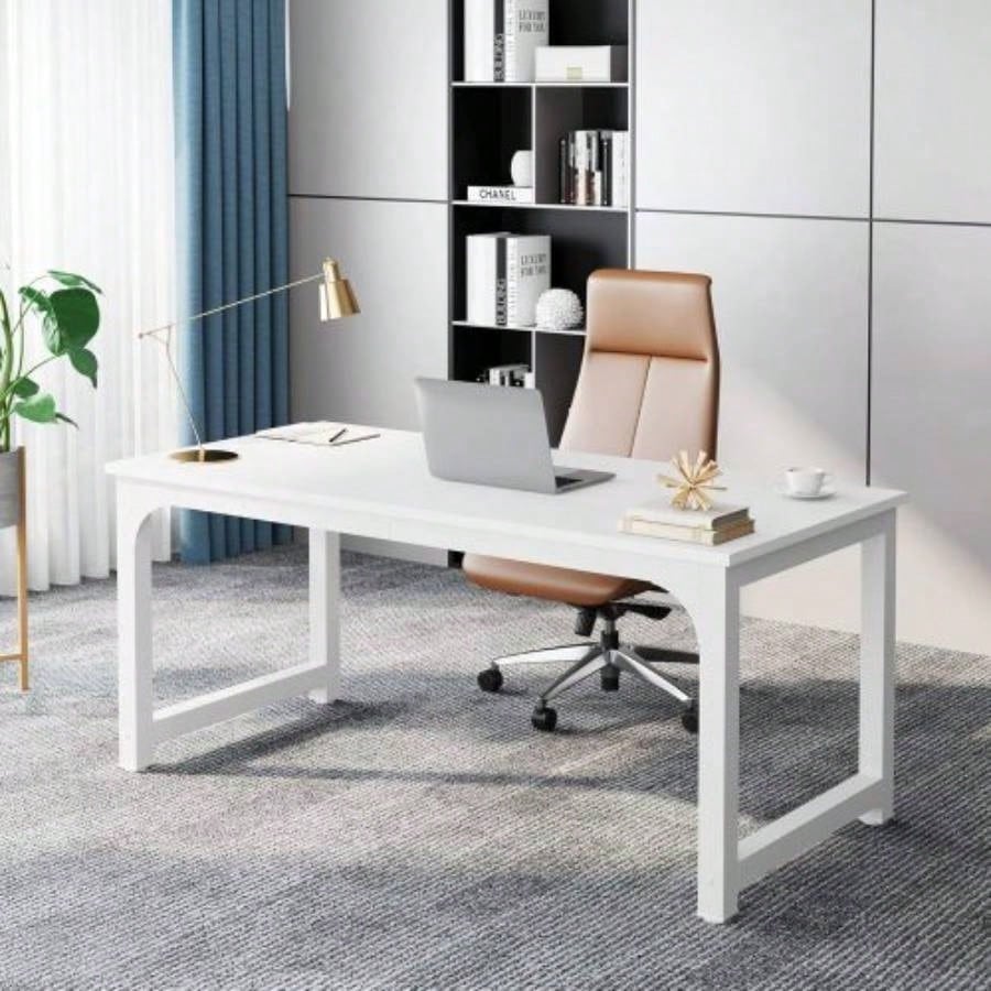 63 Executive Desk, Large Modern Office Computer Workstation with Thick Metal Frame, Business Furniture Home Office, White