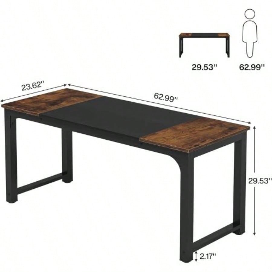 63 Executive Desk, Large Modern Office Computer Workstation with Thick Metal Frame, Business Furniture Home Office, Rustic Brown Black