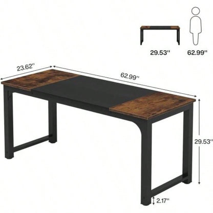 63 Executive Desk, Large Modern Office Computer Workstation with Thick Metal Frame, Business Furniture Home Office, Rustic Brown Black