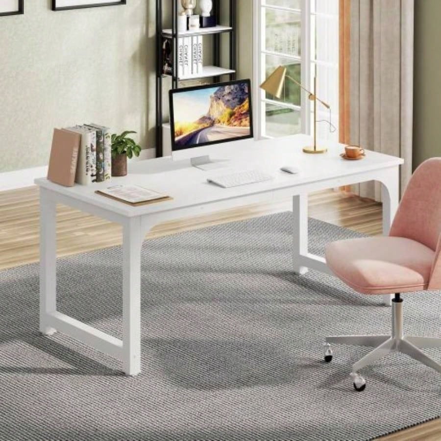 63 Executive Desk, Large Modern Office Computer Workstation with Thick Metal Frame, Business Furniture Home Office, White