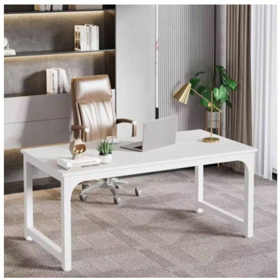 63 Executive Desk, Large Modern Office Computer Workstation with Thick Metal Frame, Business Furniture Home Office, White