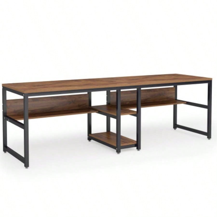 78. Double Desk Two Person with Bookshelves, Rustic Brown Industrial 2 - Person Computer Workstation with Storage Shelves, Home Office Study Writing Table
