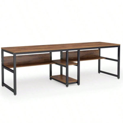 78. Double Desk Two Person with Bookshelves, Rustic Brown Industrial 2 - Person Computer Workstation with Storage Shelves, Home Office Study Writing Table