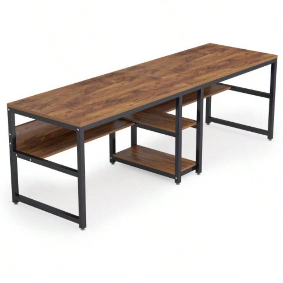 78. Double Desk Two Person with Bookshelves, Rustic Brown Industrial 2 - Person Computer Workstation with Storage Shelves, Home Office Study Writing Table