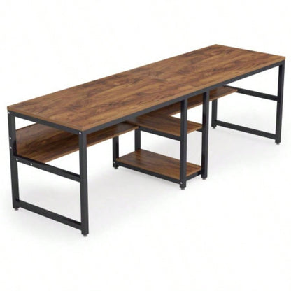 78. Double Desk Two Person with Bookshelves, Rustic Brown Industrial 2 - Person Computer Workstation with Storage Shelves, Home Office Study Writing Table