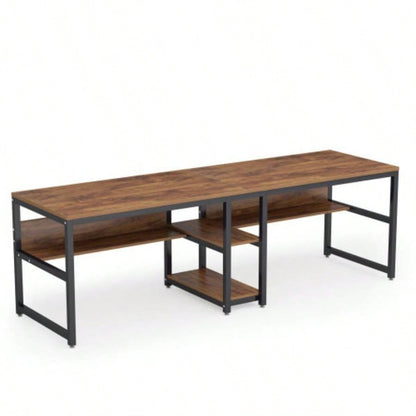 78. Double Desk Two Person with Bookshelves, Rustic Brown Industrial 2 - Person Computer Workstation with Storage Shelves, Home Office Study Writing Table