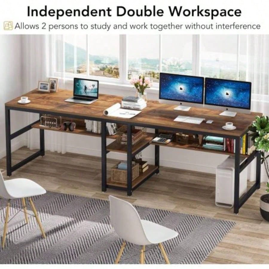 78. Double Desk Two Person with Bookshelves, Rustic Brown Industrial 2 - Person Computer Workstation with Storage Shelves, Home Office Study Writing Table