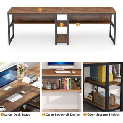 78. Double Desk Two Person with Bookshelves, Rustic Brown Industrial 2 - Person Computer Workstation with Storage Shelves, Home Office Study Writing Table