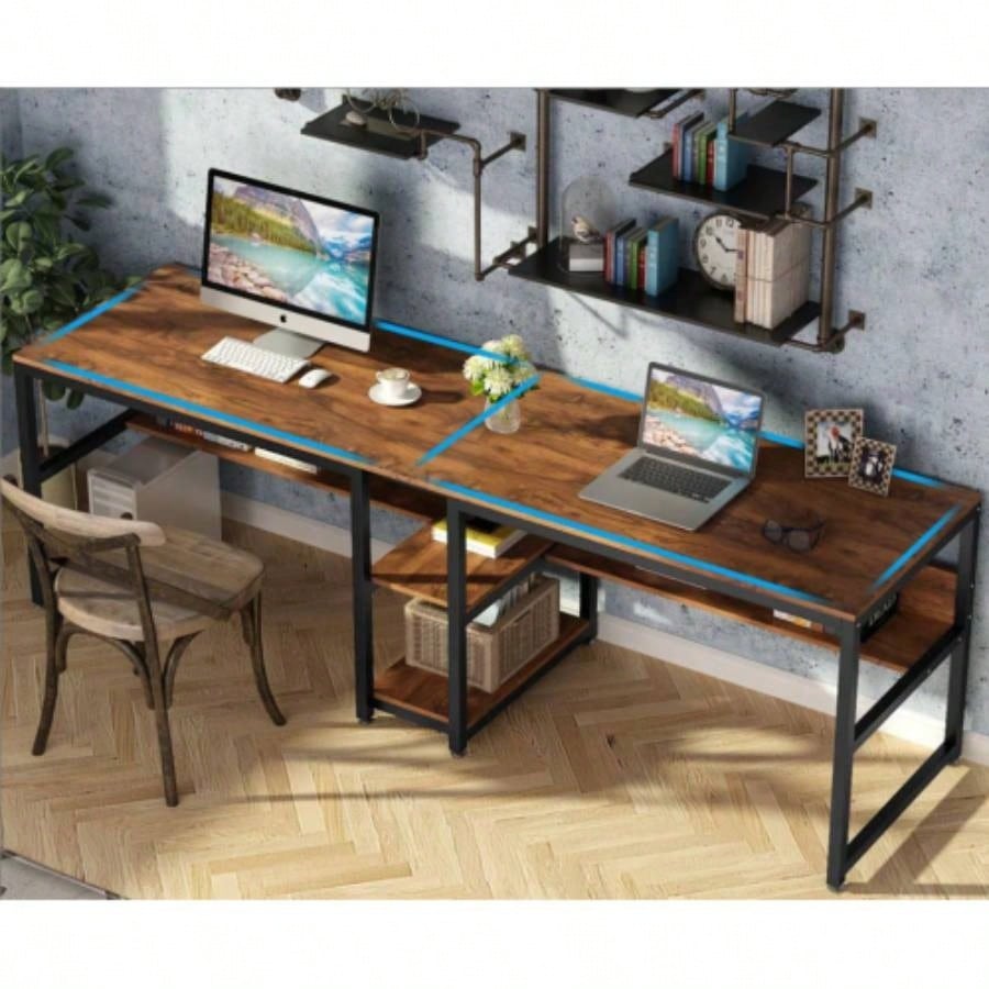 78. Double Desk Two Person with Bookshelves, Rustic Brown Industrial 2 - Person Computer Workstation with Storage Shelves, Home Office Study Writing Table