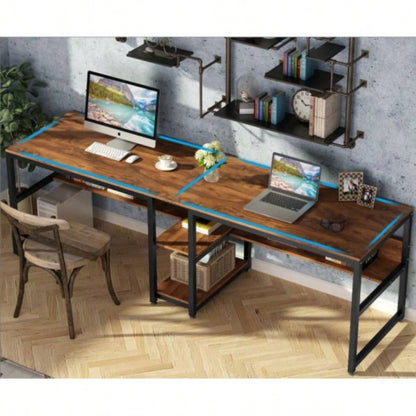 78. Double Desk Two Person with Bookshelves, Rustic Brown Industrial 2 - Person Computer Workstation with Storage Shelves, Home Office Study Writing Table
