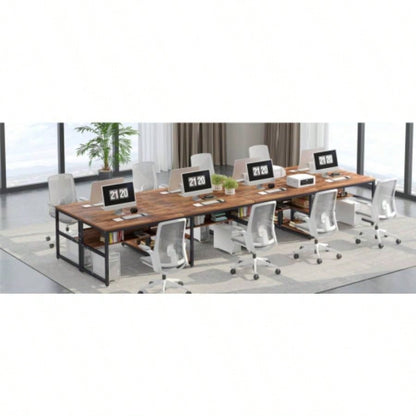 78. Double Desk Two Person with Bookshelves, Rustic Brown Industrial 2 - Person Computer Workstation with Storage Shelves, Home Office Study Writing Table