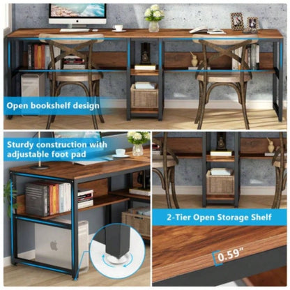 78. Double Desk Two Person with Bookshelves, Rustic Brown Industrial 2 - Person Computer Workstation with Storage Shelves, Home Office Study Writing Table