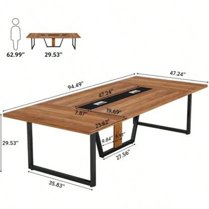 94.5 Large Conference Table 8 - 10 People, Modern Office Meeting Table with Management, Heavy - Duty Metal, Training Boardroom Furniture, Brown Walnut