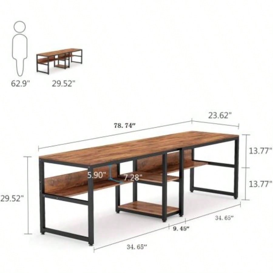 78. Double Desk Two Person with Bookshelves, Rustic Brown Industrial 2 - Person Computer Workstation with Storage Shelves, Home Office Study Writing Table