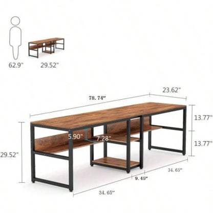78. Double Desk Two Person with Bookshelves, Rustic Brown Industrial 2 - Person Computer Workstation with Storage Shelves, Home Office Study Writing Table