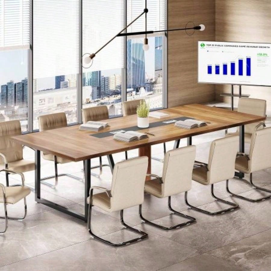 94.5 Large Conference Table 8 - 10 People, Modern Office Meeting Table with Management, Heavy - Duty Metal, Training Boardroom Furniture, Brown Walnut
