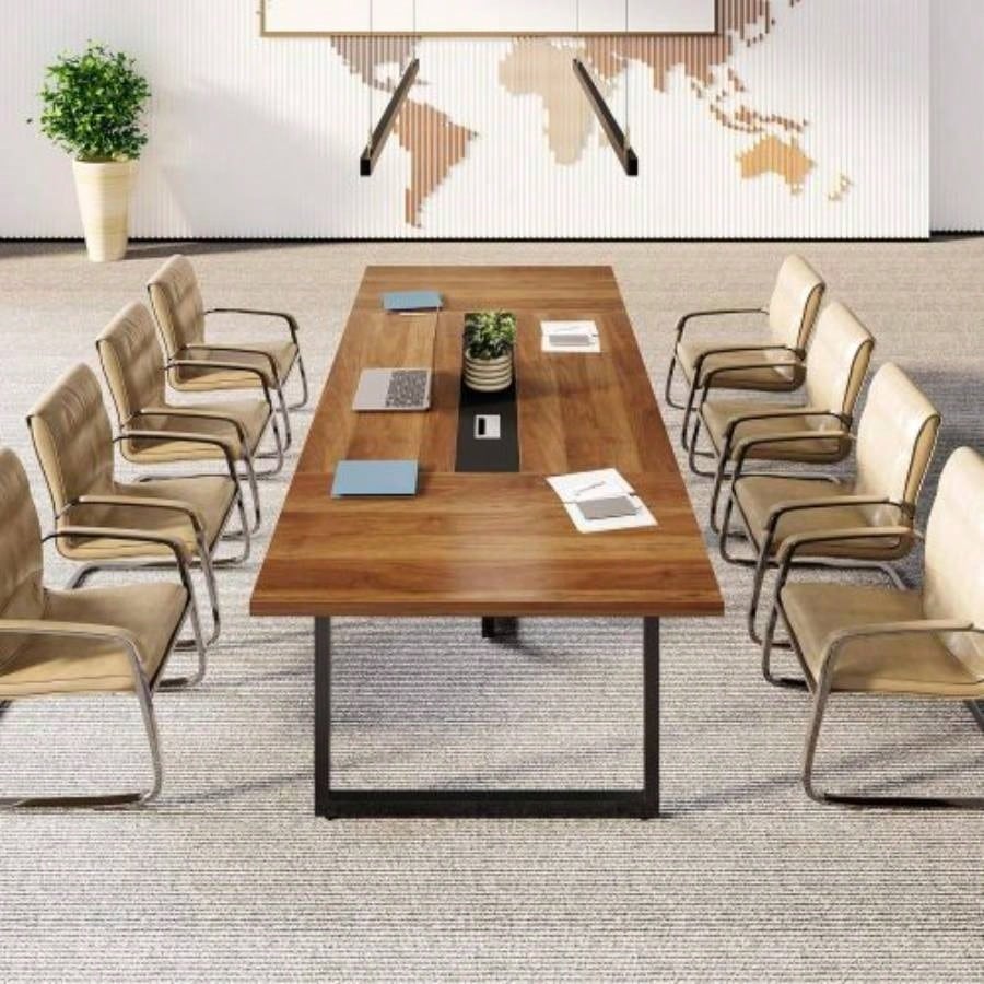 94.5 Large Conference Table 8 - 10 People, Modern Office Meeting Table with Management, Heavy - Duty Metal, Training Boardroom Furniture, Brown Walnut