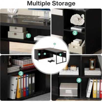 71 L - Shaped Executive Desk with Storage Cabinet Shelves, Large Industrial Home Office Computer Desk, Business Workstation with Printer Cabinet CPU Stand, Black
