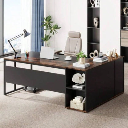 71 L - Shaped Executive Desk with Storage Cabinet Shelves, Large Industrial Home Office Computer Desk, Business Workstation with Printer Cabinet CPU Stand, Rustic Brown and Black