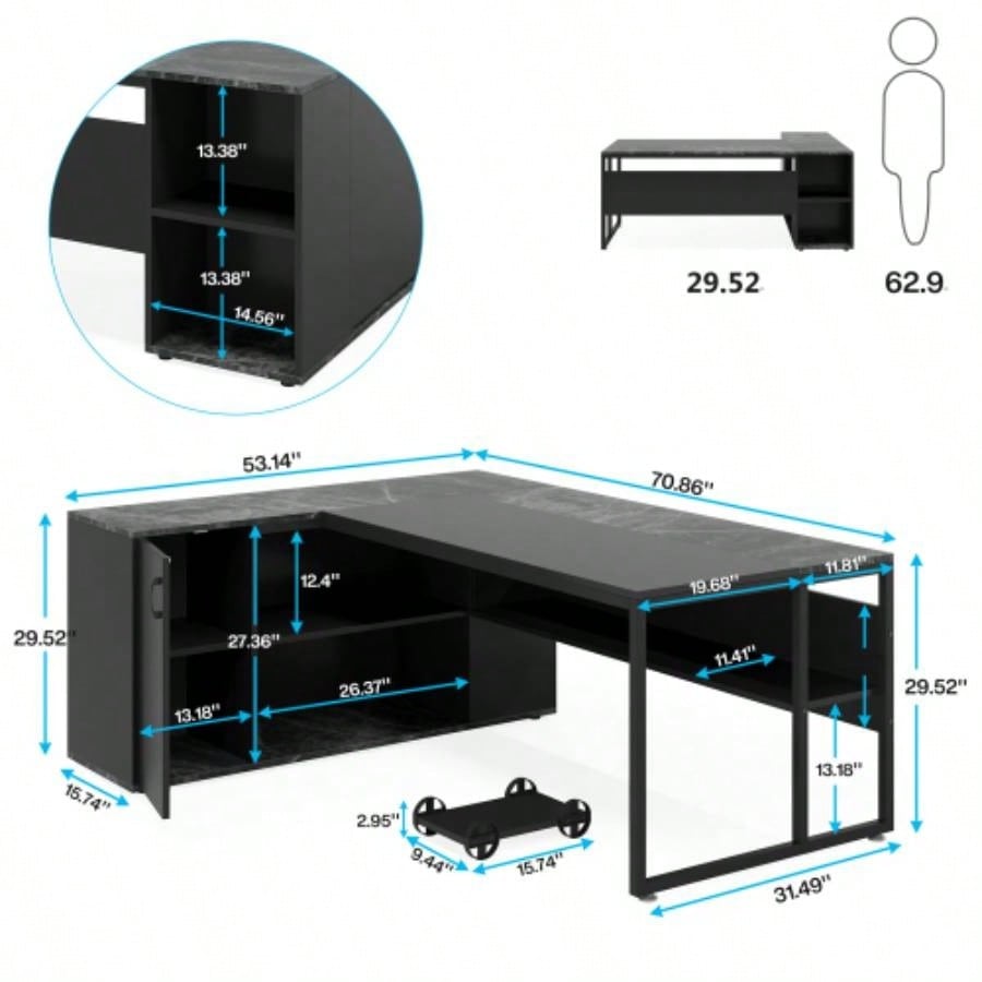 71 L - Shaped Executive Desk with Storage Cabinet Shelves, Large Industrial Home Office Computer Desk, Business Workstation with Printer Cabinet CPU Stand, Black