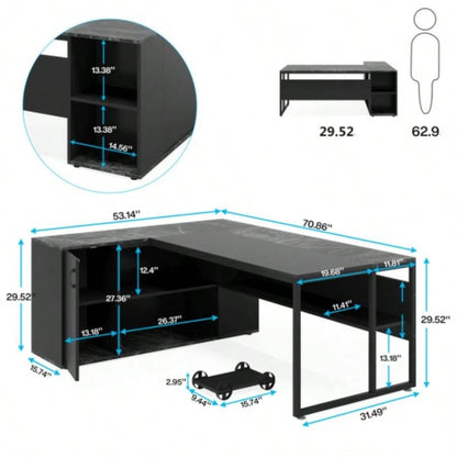 71 L - Shaped Executive Desk with Storage Cabinet Shelves, Large Industrial Home Office Computer Desk, Business Workstation with Printer Cabinet CPU Stand, Black