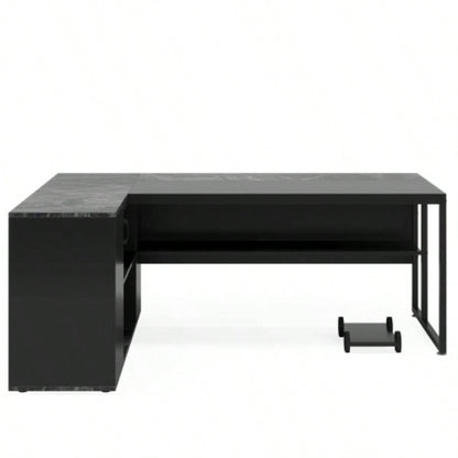 71 L - Shaped Executive Desk with Storage Cabinet Shelves, Large Industrial Home Office Computer Desk, Business Workstation with Printer Cabinet CPU Stand, Black
