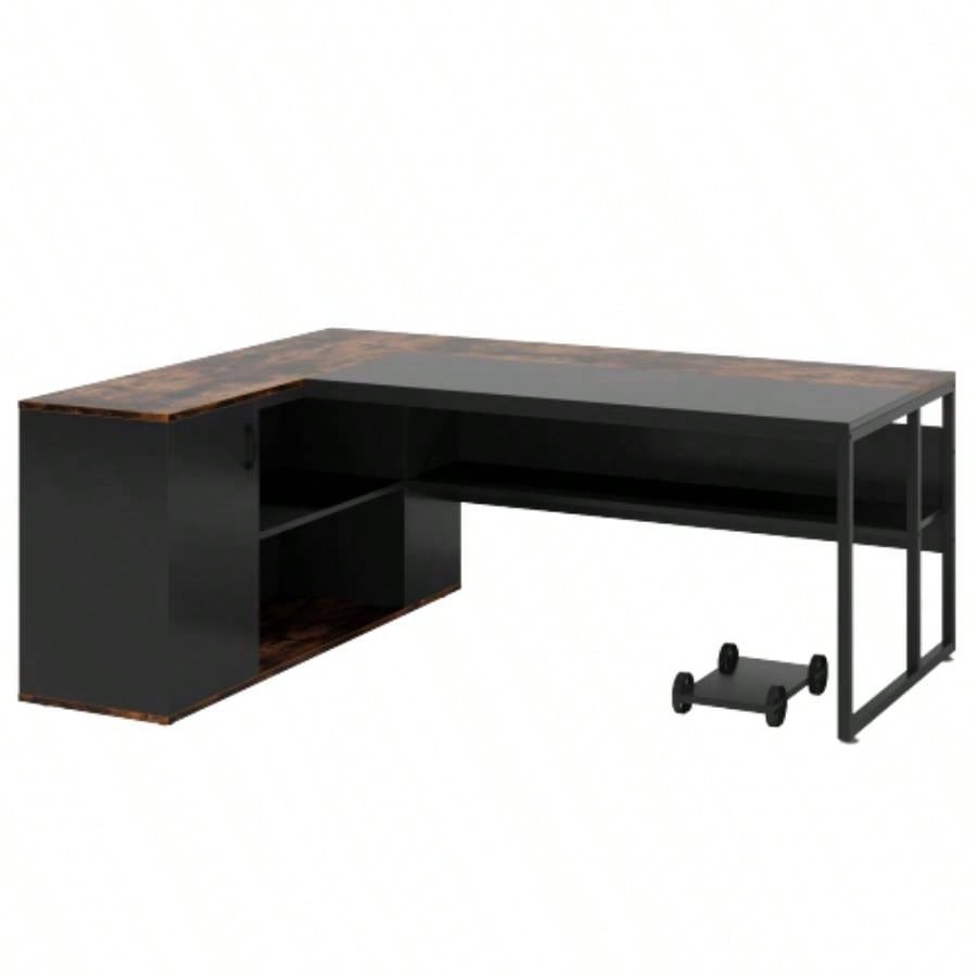 71 L - Shaped Executive Desk with Storage Cabinet Shelves, Large Industrial Home Office Computer Desk, Business Workstation with Printer Cabinet CPU Stand, Rustic Brown and Black