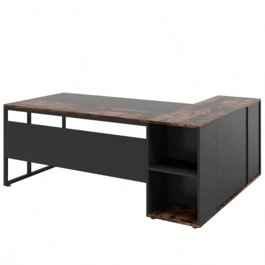 71 L - Shaped Executive Desk with Storage Cabinet Shelves, Large Industrial Home Office Computer Desk, Business Workstation with Printer Cabinet CPU Stand, Rustic Brown and Black