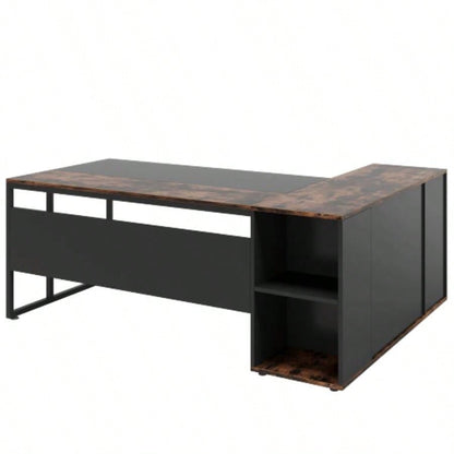 71 L - Shaped Executive Desk with Storage Cabinet Shelves, Large Industrial Home Office Computer Desk, Business Workstation with Printer Cabinet CPU Stand, Rustic Brown and Black