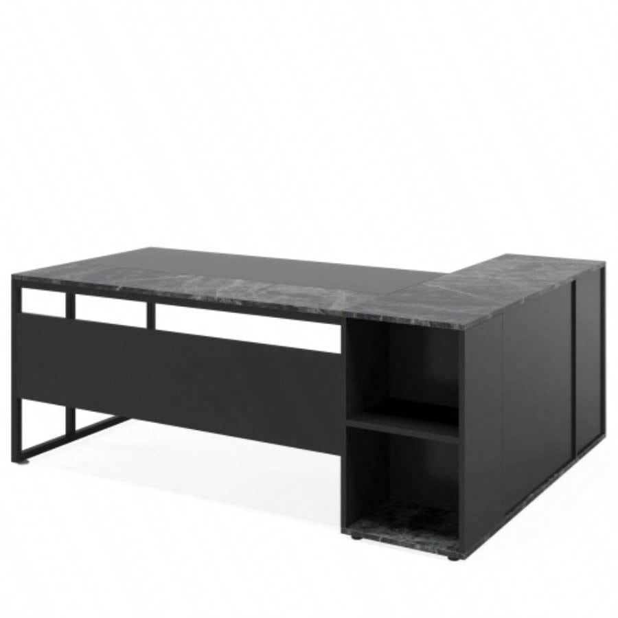 71 L - Shaped Executive Desk with Storage Cabinet Shelves, Large Industrial Home Office Computer Desk, Business Workstation with Printer Cabinet CPU Stand, Black