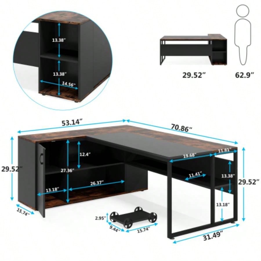 71 L - Shaped Executive Desk with Storage Cabinet Shelves, Large Industrial Home Office Computer Desk, Business Workstation with Printer Cabinet CPU Stand, Rustic Brown and Black