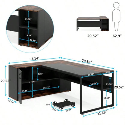 71 L - Shaped Executive Desk with Storage Cabinet Shelves, Large Industrial Home Office Computer Desk, Business Workstation with Printer Cabinet CPU Stand, Rustic Brown and Black