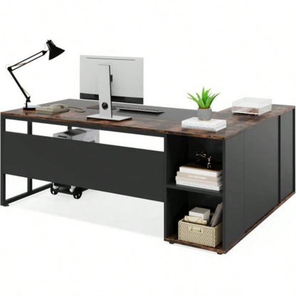71 L - Shaped Executive Desk with Storage Cabinet Shelves, Large Industrial Home Office Computer Desk, Business Workstation with Printer Cabinet CPU Stand, Rustic Brown and Black