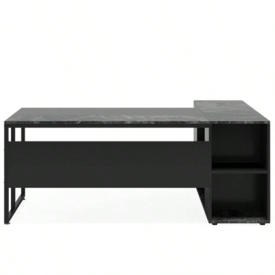 71 L - Shaped Executive Desk with Storage Cabinet Shelves, Large Industrial Home Office Computer Desk, Business Workstation with Printer Cabinet CPU Stand, Black