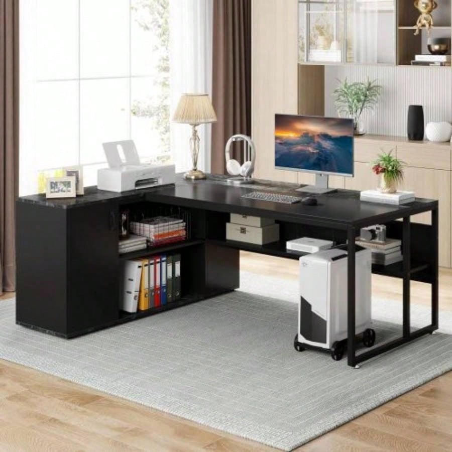 71 L - Shaped Executive Desk with Storage Cabinet Shelves, Large Industrial Home Office Computer Desk, Business Workstation with Printer Cabinet CPU Stand, Black