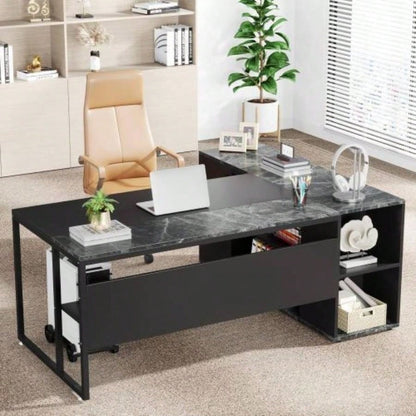71 L - Shaped Executive Desk with Storage Cabinet Shelves, Large Industrial Home Office Computer Desk, Business Workstation with Printer Cabinet CPU Stand, Black