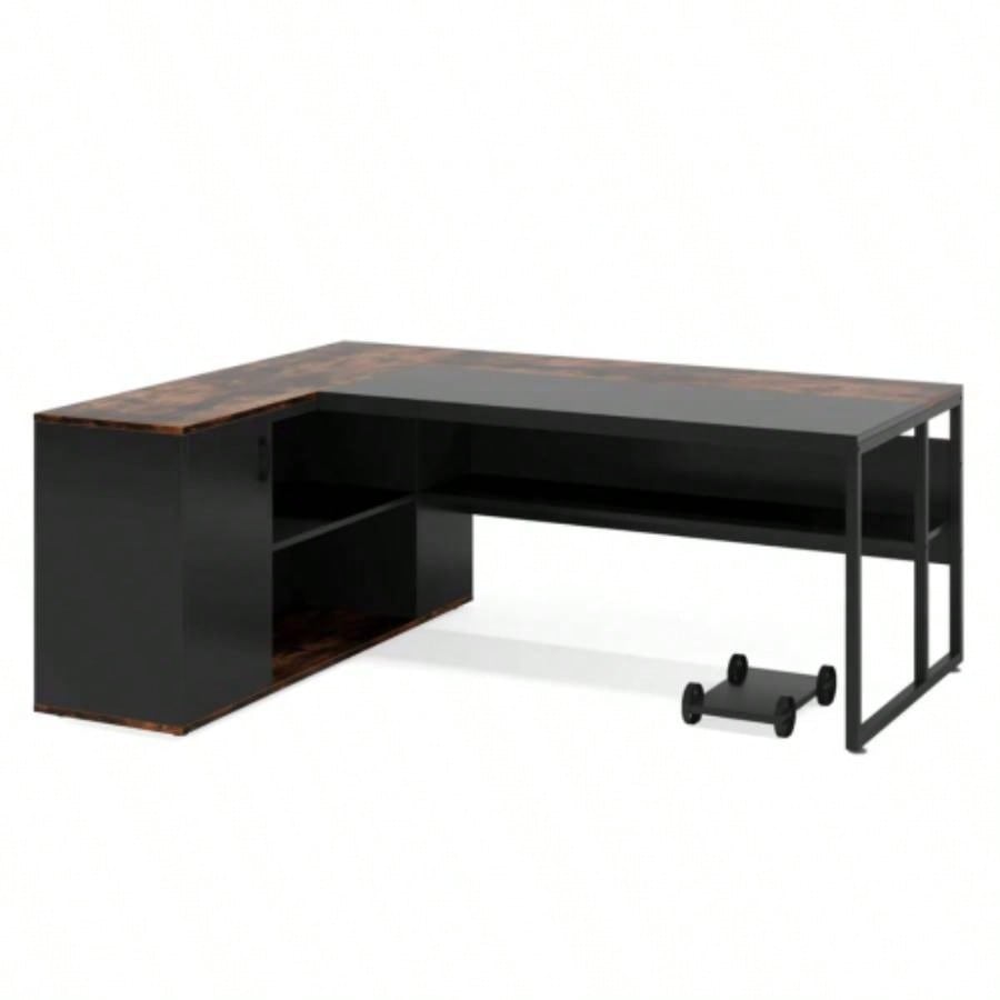 71 L - Shaped Executive Desk with Storage Cabinet Shelves, Large Industrial Home Office Computer Desk, Business Workstation with Printer Cabinet CPU Stand, Rustic Brown and Black