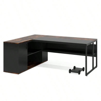 71 L - Shaped Executive Desk with Storage Cabinet Shelves, Large Industrial Home Office Computer Desk, Business Workstation with Printer Cabinet CPU Stand, Rustic Brown and Black