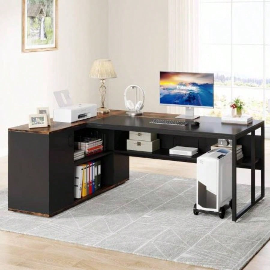 71 L - Shaped Executive Desk with Storage Cabinet Shelves, Large Industrial Home Office Computer Desk, Business Workstation with Printer Cabinet CPU Stand, Rustic Brown and Black