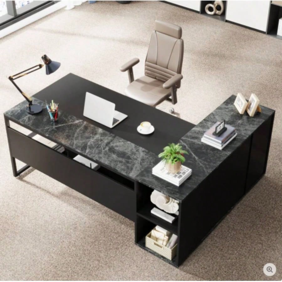 71 L - Shaped Executive Desk with Storage Cabinet Shelves, Large Industrial Home Office Computer Desk, Business Workstation with Printer Cabinet CPU Stand, Black