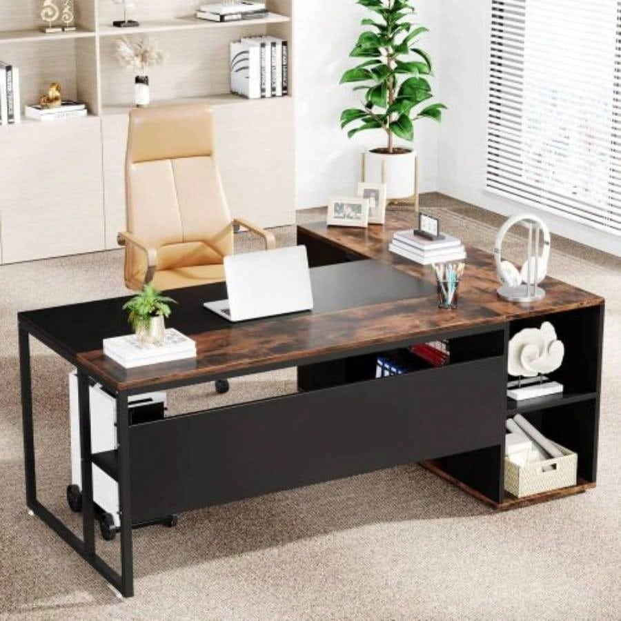 71 L - Shaped Executive Desk with Storage Cabinet Shelves, Large Industrial Home Office Computer Desk, Business Workstation with Printer Cabinet CPU Stand, Rustic Brown and Black