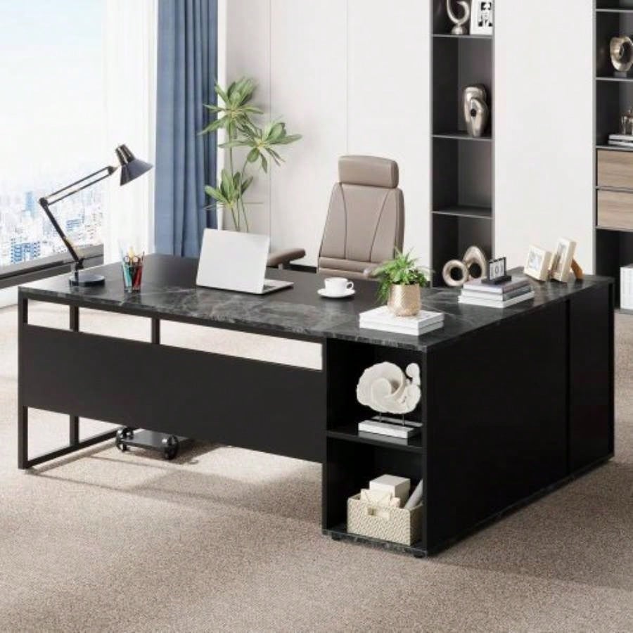 71 L - Shaped Executive Desk with Storage Cabinet Shelves, Large Industrial Home Office Computer Desk, Business Workstation with Printer Cabinet CPU Stand, Black